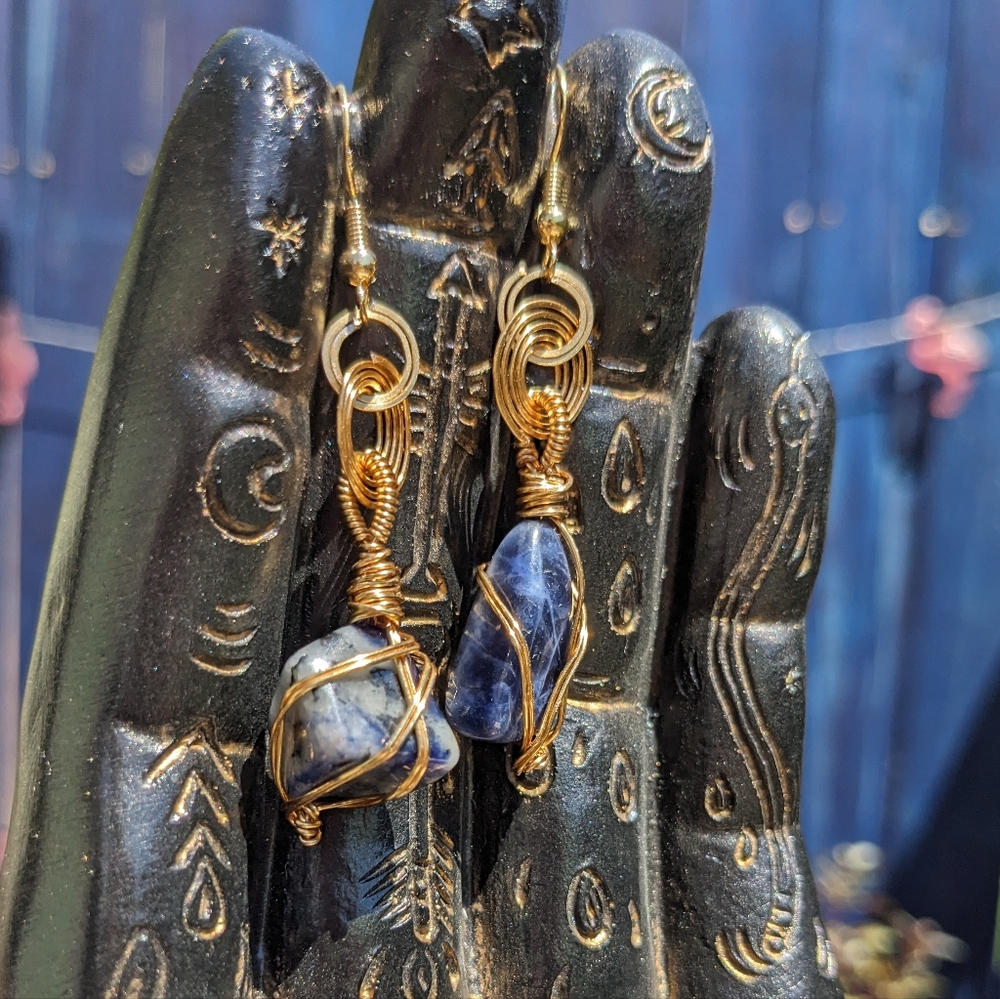 Sodalite Crystals Earrings Gold Hoops Wire Wrapped Handmade Crystals Gemstone - Picture 13 of 16